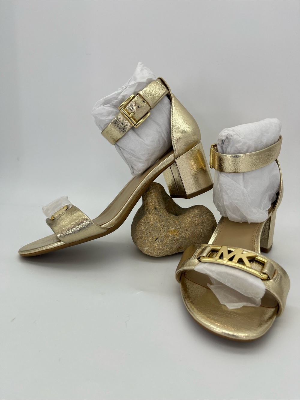 Michael Kors Metallic Gold Block Heel Sandals with MK Accent